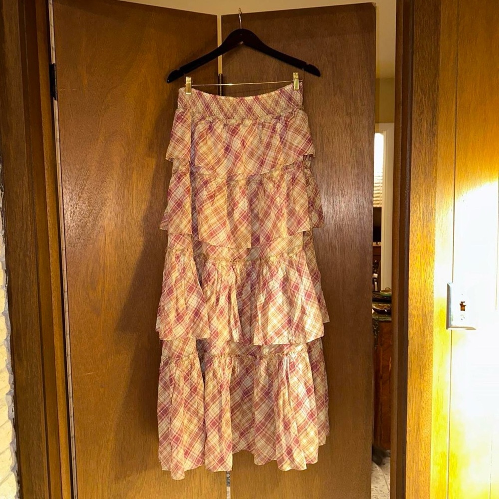 Free People Layered Tiered Maxi Long Gingham Plaid Skirt in Pink and Cream - Picture 4 of 7